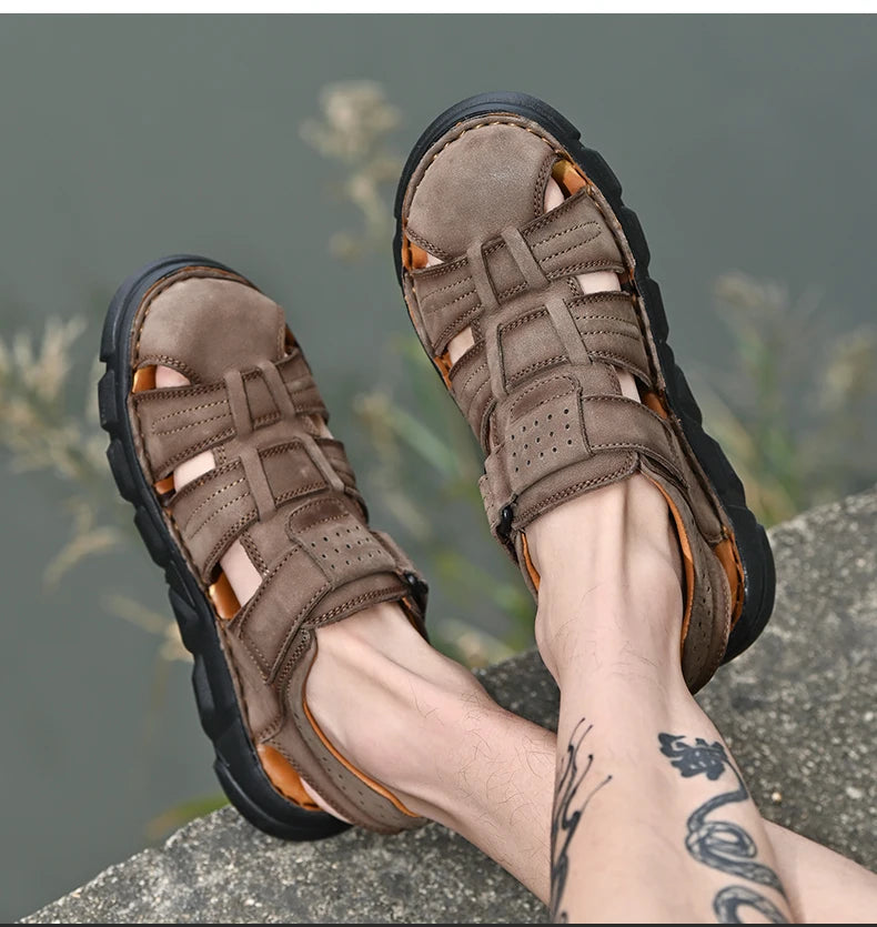 Genuine Leather Gladiator Sandals– Easy Hook & Loop Closure