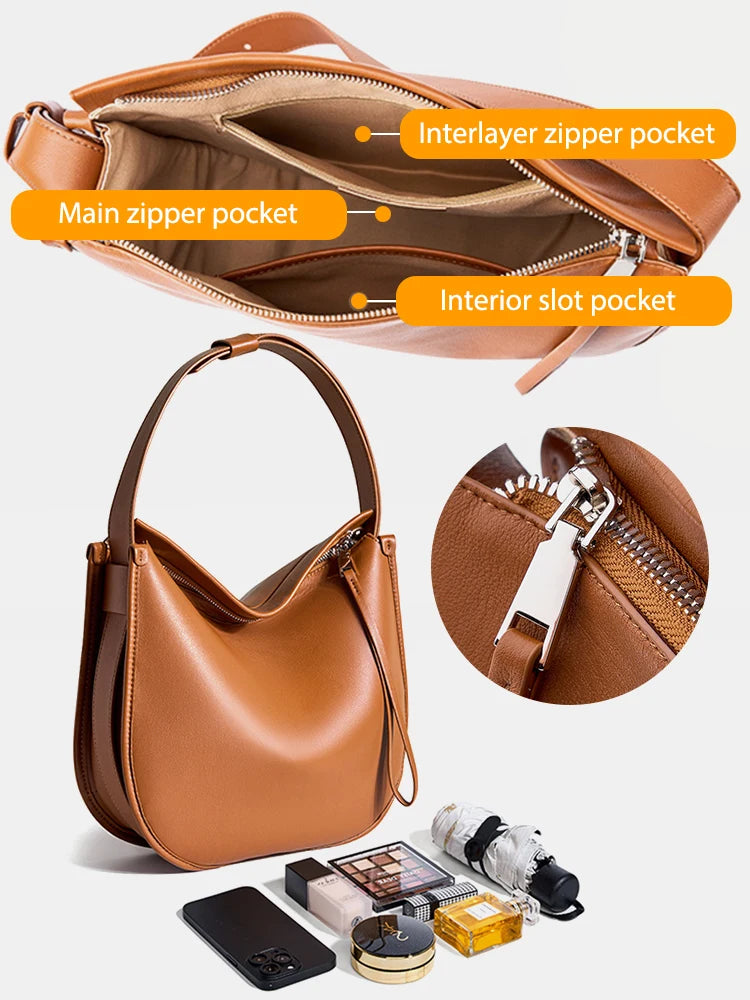 Genuine Cowhide Shoulder Bag – Classic Hobo Style for Women