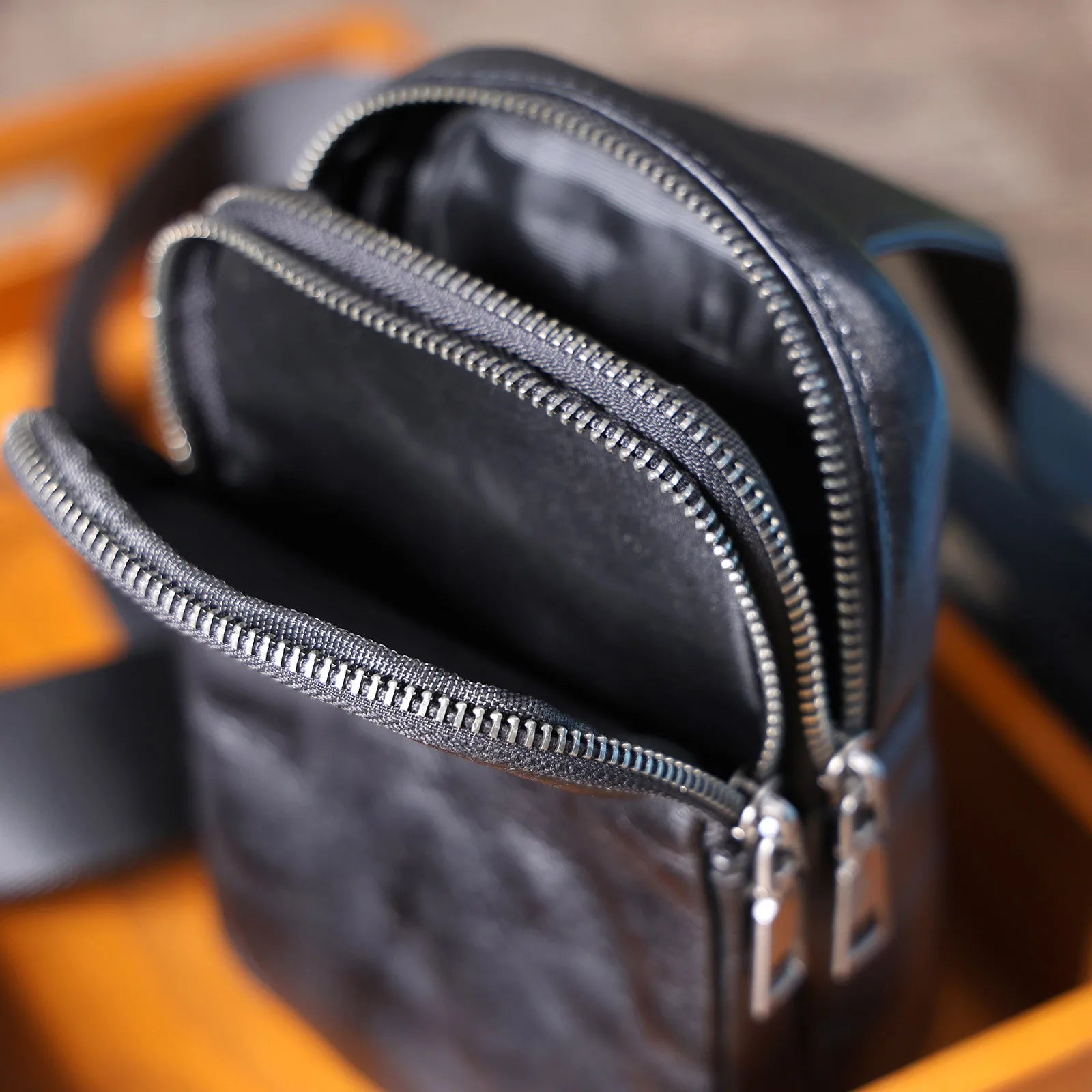 Genuine Leather Crossbody Bag – Zippered with Organic Cotton, Daily Carry