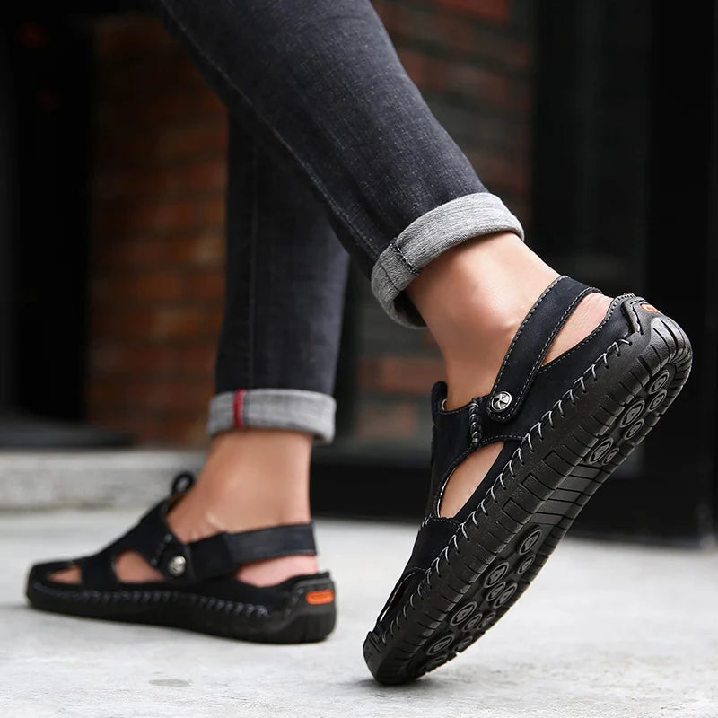 Classic Genuine Leather Sandals with Buckle Strap
