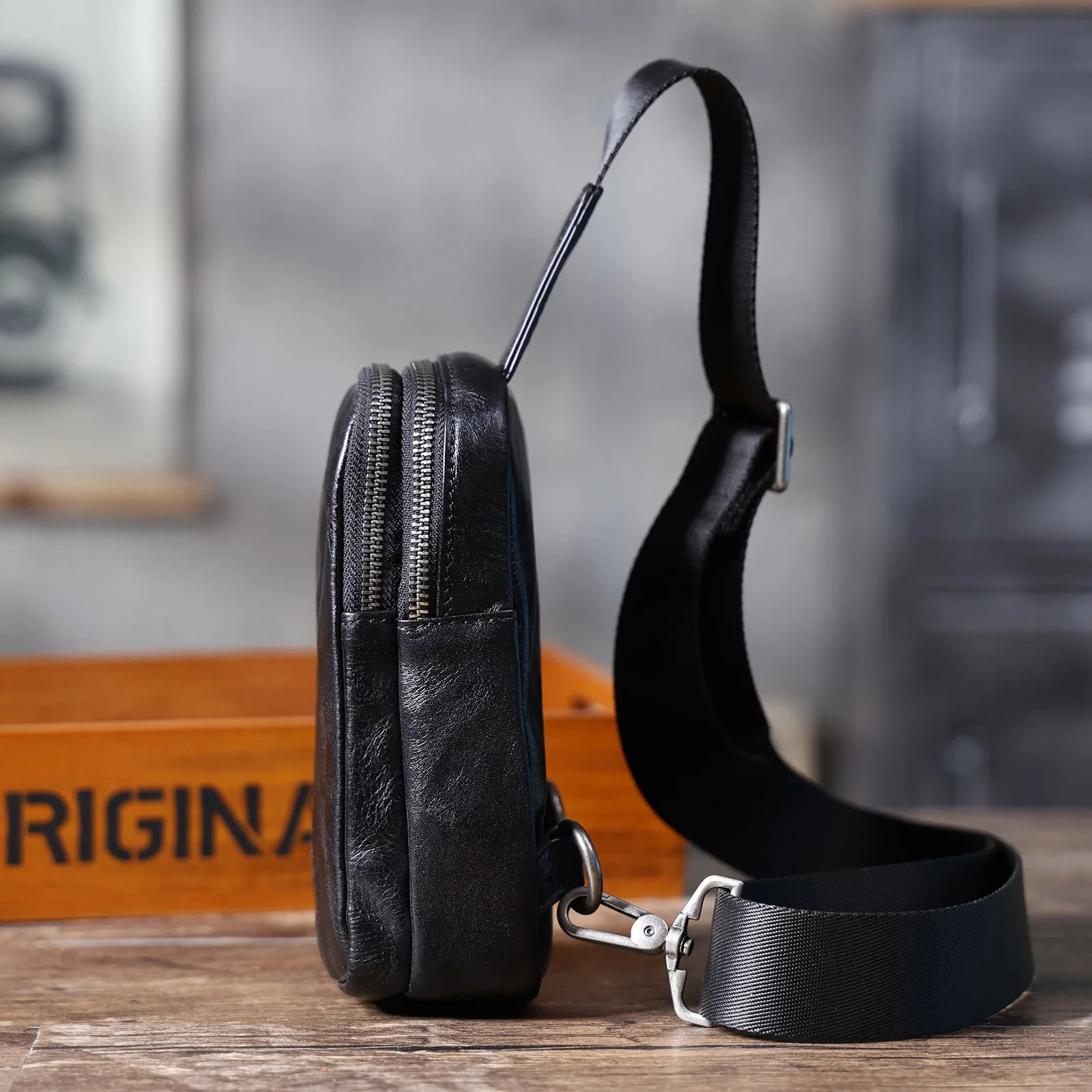 Genuine Leather Crossbody Bag – Zippered with Organic Cotton, Daily Carry