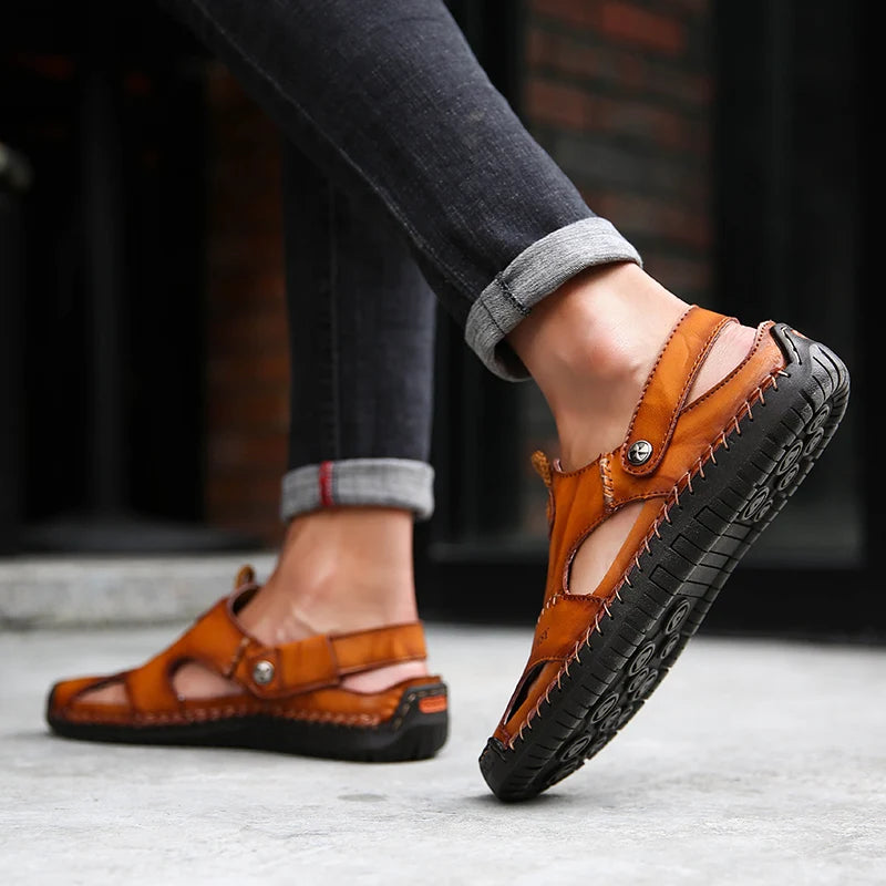 Classic Genuine Leather Sandals with Buckle Strap