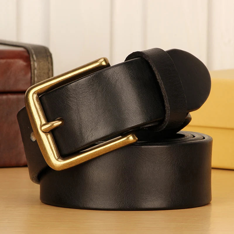 Full-Grain Cowhide Leather Belt with Solid Brass Buckle
