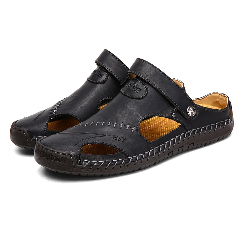 Classic Genuine Leather Sandals with Buckle Strap