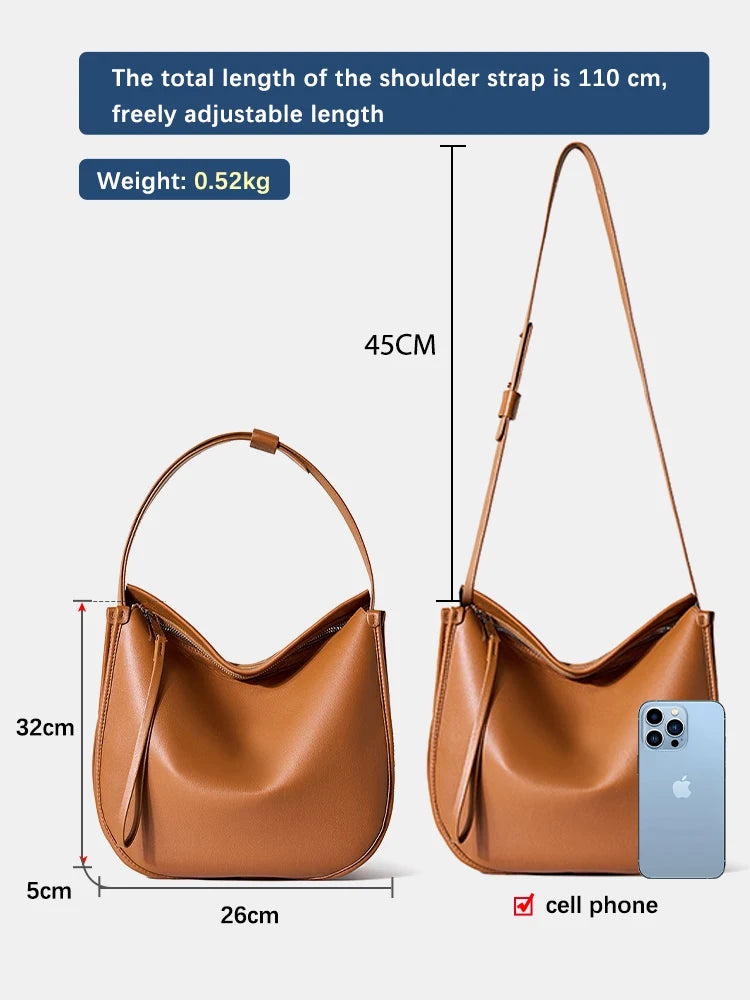 Genuine Cowhide Shoulder Bag – Classic Hobo Style for Women