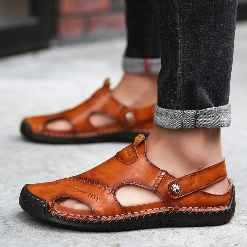 Classic Genuine Leather Sandals with Buckle Strap
