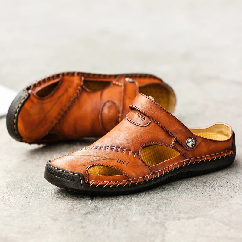 Classic Genuine Leather Sandals with Buckle Strap