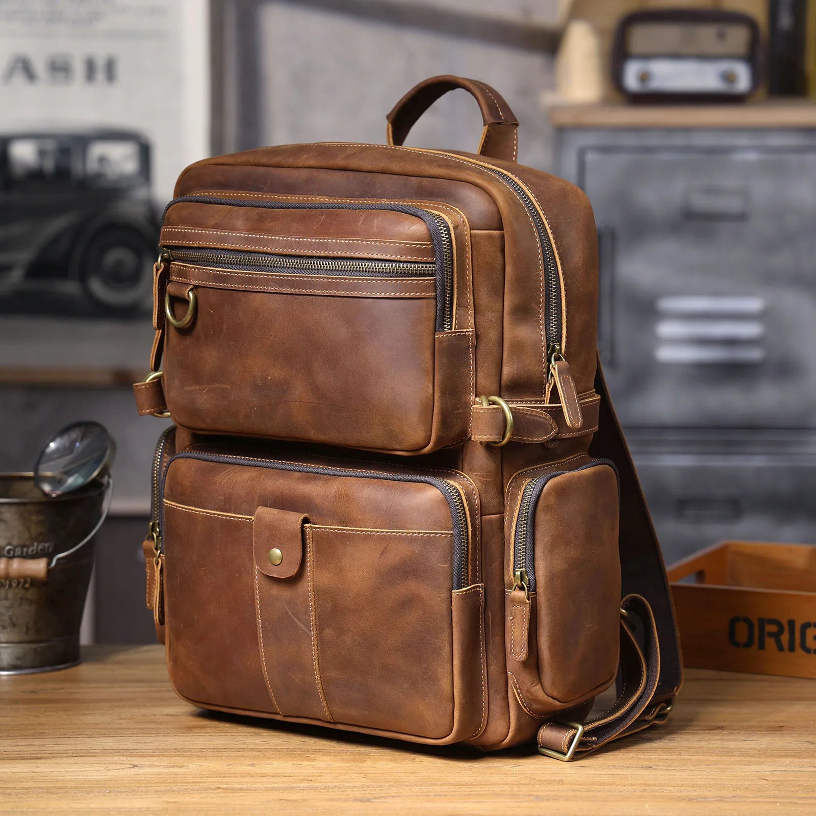 Genuine Leather Urban Backpack – Organic Cotton Lined for Daily Essentials