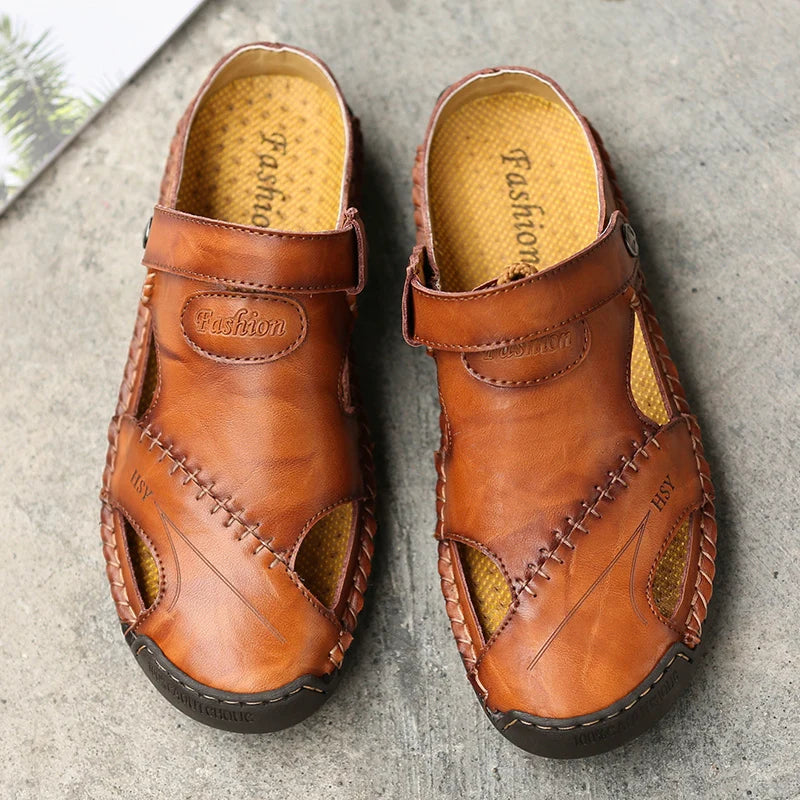 Classic Genuine Leather Sandals with Buckle Strap