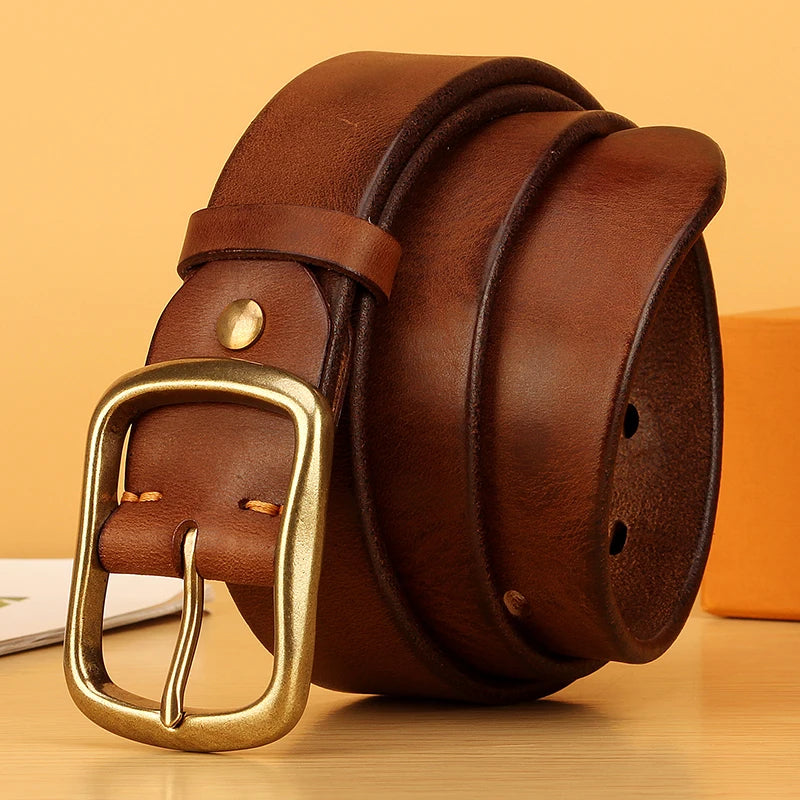 Full-Grain Cowhide Leather Belt with Solid Brass Buckle