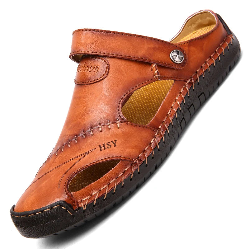Classic Genuine Leather Sandals with Buckle Strap