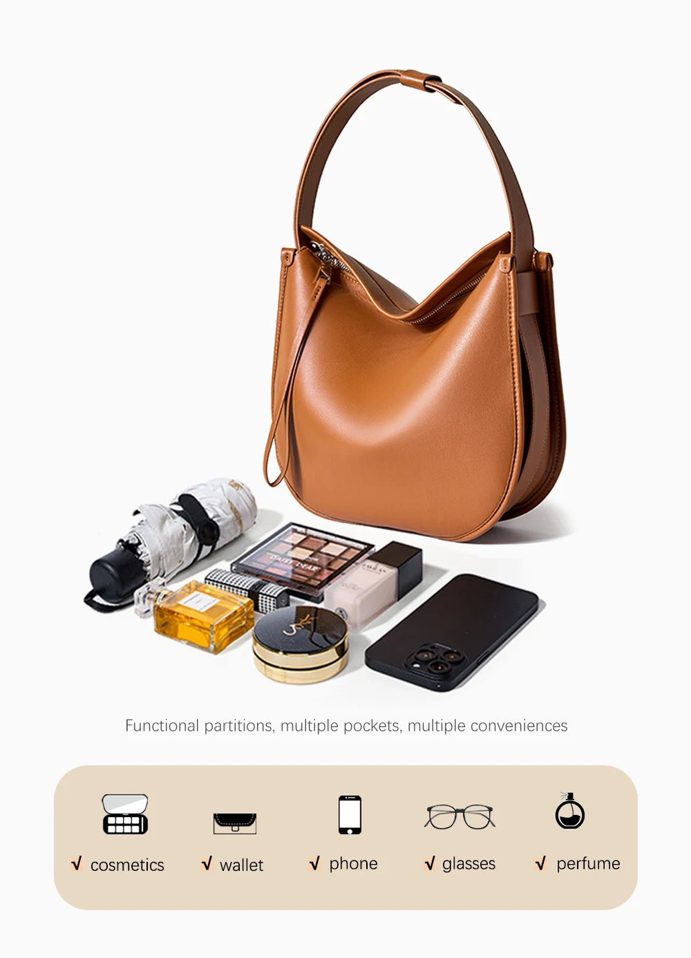 Genuine Cowhide Shoulder Bag – Classic Hobo Style for Women