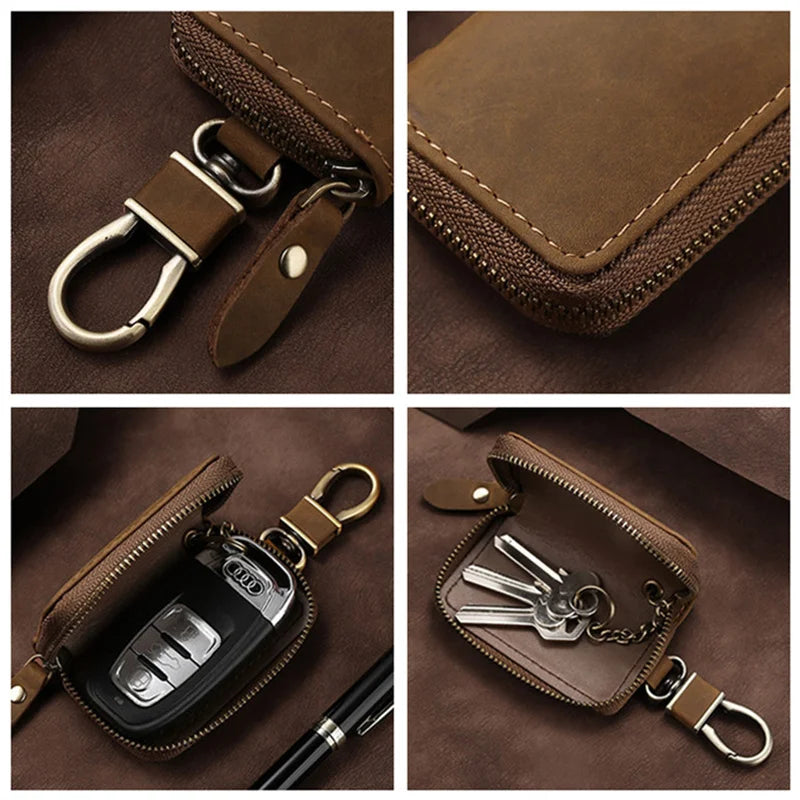 Premium Genuine Leather Key Wallet with Zip Closure