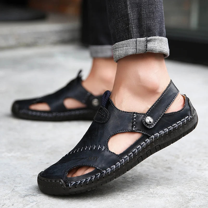 Classic Genuine Leather Sandals with Buckle Strap