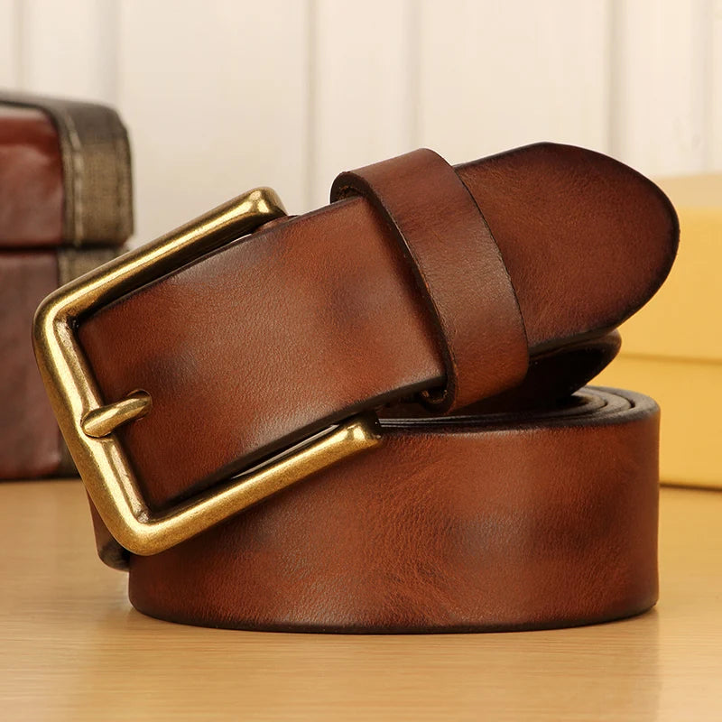 Full-Grain Cowhide Leather Belt with Solid Brass Buckle