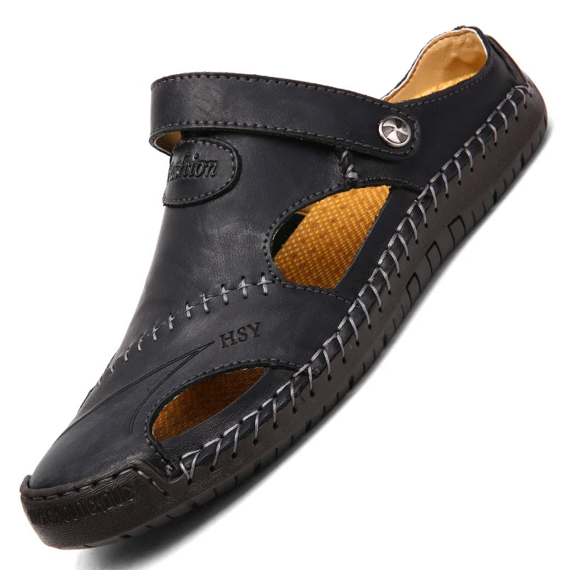 Classic Genuine Leather Sandals with Buckle Strap