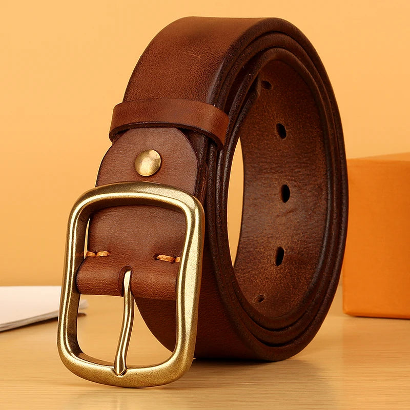 Full-Grain Cowhide Leather Belt with Solid Brass Buckle