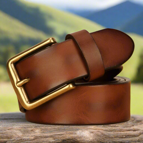 Full-Grain Cowhide Leather Belt with Solid Brass Buckle