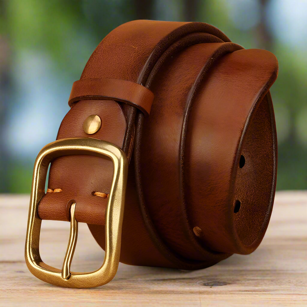Full-Grain Cowhide Leather Belt with Solid Brass Buckle